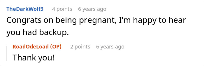 A Reddit comment from TheDarkWolf3 congratulating a pregnant woman and expressing happiness about her having backup.