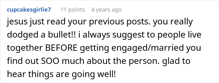 A comment advises living together before engagement, highlighting that the man realized his fiancée was the problem. A comment advises living together before engagement, highlighting that the man realized his fiancée was the problem.