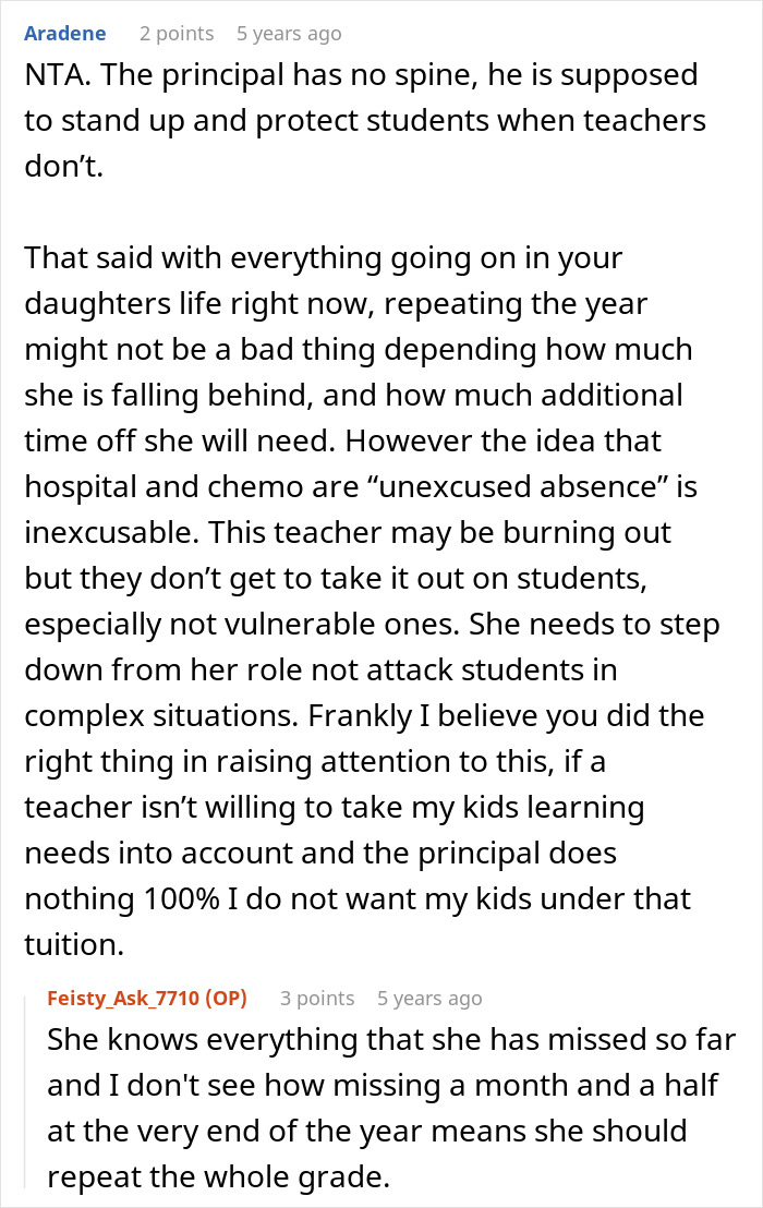 A screenshot showing comments about an 11YO undergoing chemotherapy and the risk of repeating grade, with her mom blasting school. A screenshot showing comments about an 11YO undergoing chemotherapy and the risk of repeating grade, with her mom blasting school.