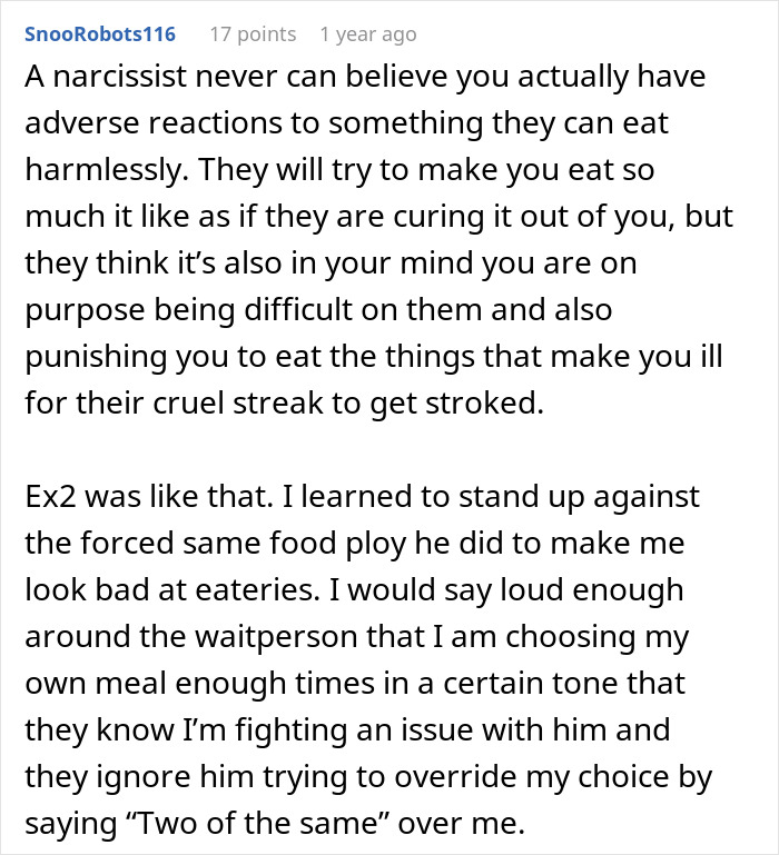 A screenshot of a Reddit comment describing a narcissistic ex-partner forcing food, similar to a mom tricking her daughter.