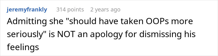 A comment stating that dismissing feelings is not an apology when a creepy friend flirts with hubby.
