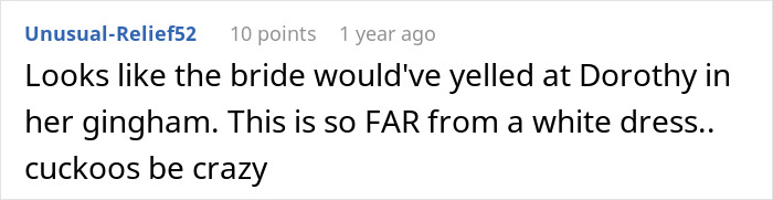 A comment on a woman's wedding attire, comparing her dress to gingham and reiterating it's not a white dress, a wedding mistake. A comment on a woman's wedding attire, comparing her dress to gingham and reiterating it's not a white dress, a wedding mistake.