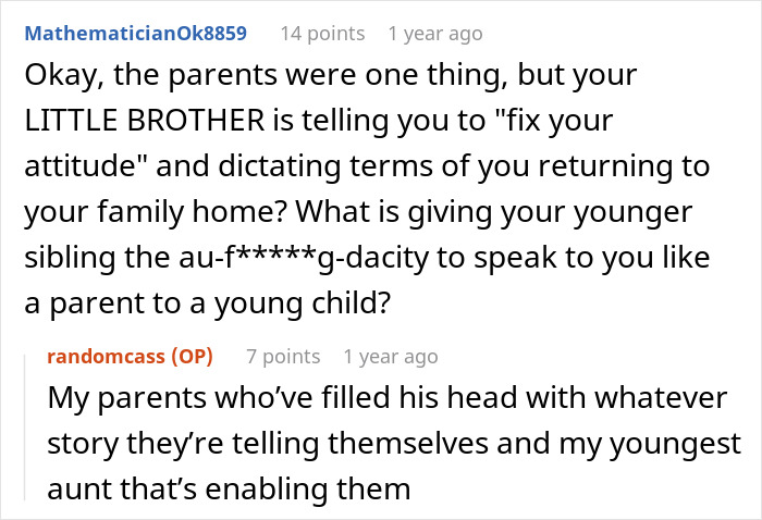 A screenshot showing a Reddit comment about a woman being told to leave home and her brother telling her to fix her attitude.