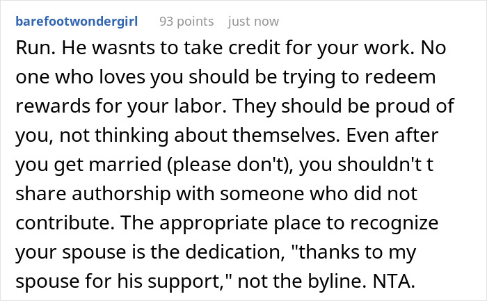 A Reddit comment advising the author GF not to share authorship with a boyfriend who didn't contribute.