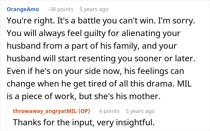 Comment about mother-in-law causing family tension over not having kids