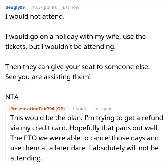 Screenshot of online discussion about a destination wedding, with comments about PTO and travel arrangements. Screenshot of online discussion about a destination wedding, with comments about PTO and travel arrangements.
