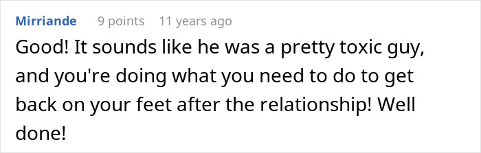 A supportive comment praising a woman for escaping a toxic guy and getting back on her feet after his jealousy.