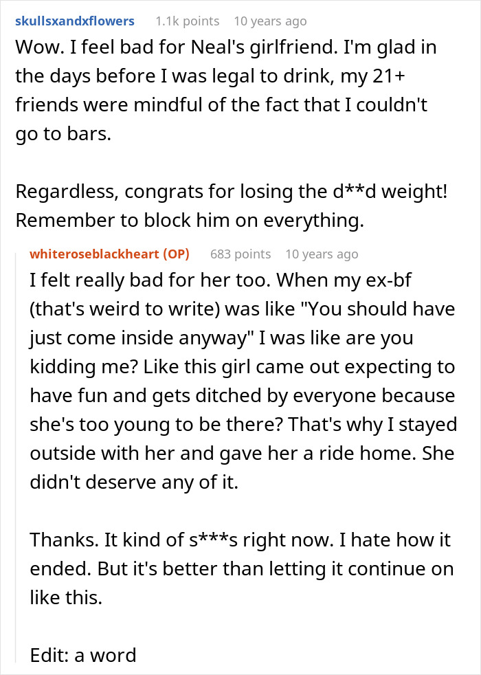 A screenshot of a Reddit comment supporting the introverted GF in the bar crawl story. A screenshot of a Reddit comment supporting the introverted GF in the bar crawl story.