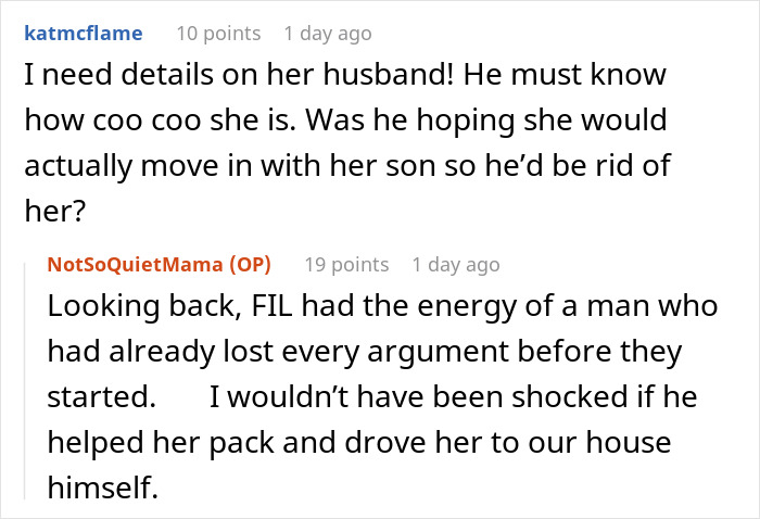 A Reddit screenshot showing a user discussing the husband's mom's breakdown.