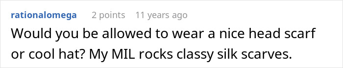 A comment suggesting a woman wear a head scarf or hat to address her messy hair at her job.