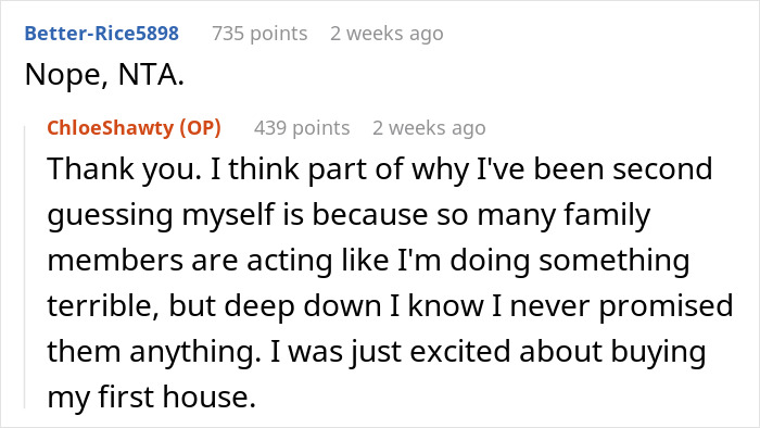 Reddit comments: Nope, NTA, from a discussion about a woman buying her own home and family assumptions.