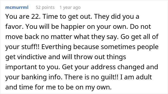 A screenshot of a comment suggesting a woman to leave home and be independent after refusing to follow a rule.