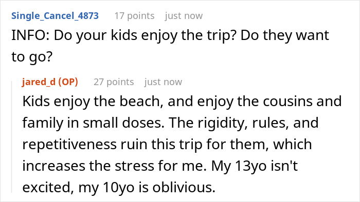 A Reddit comment discussing kids enjoyment of the family trip, revealing they like the beach but not the rigidity.