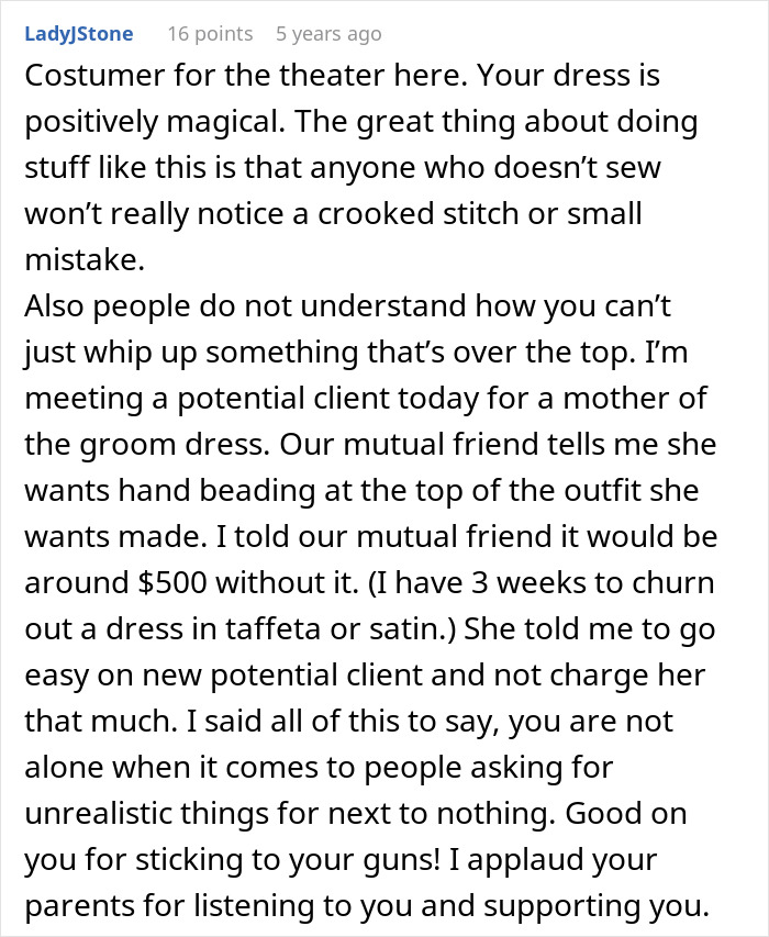 Comment from a costumer on challenges of making elaborate wedding dress