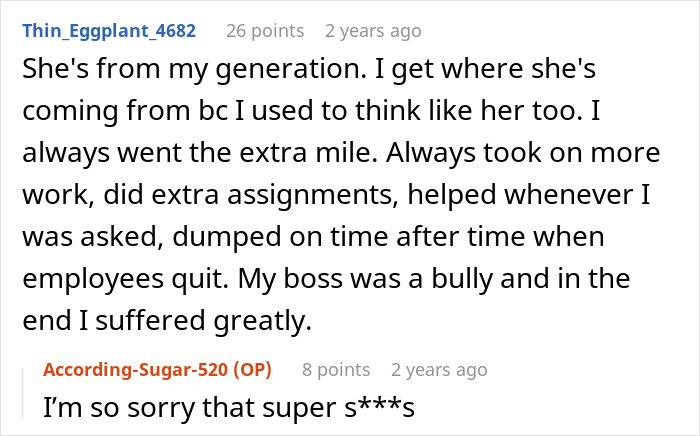 A Reddit comment from a user sharing their experience of being bullied by their boss, echoing the Ableist Karen issue.