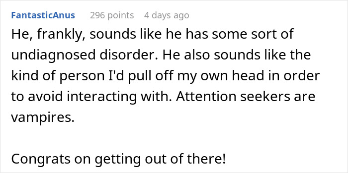 A screenshot of a comment describing a talkative fiancé as having an undiagnosed disorder and being an attention seeker. A screenshot of a comment describing a talkative fiancé as having an undiagnosed disorder and being an attention seeker.