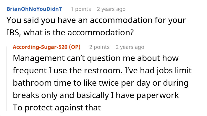 A screenshot of a Reddit comment where a coworker explains their IBS accommodation regarding restroom use, central to an Ableist Karen story.