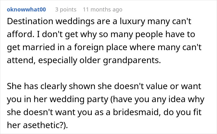 Comment on destination weddings being a luxury many can't afford