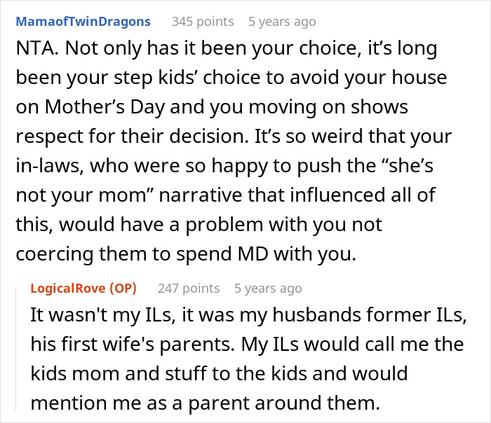 Reddit discussion about stepkids avoiding Mother's Day and MIL criticism