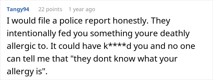 A user comment suggesting filing a police report for the mother tricking her daughter with gluten-free food.