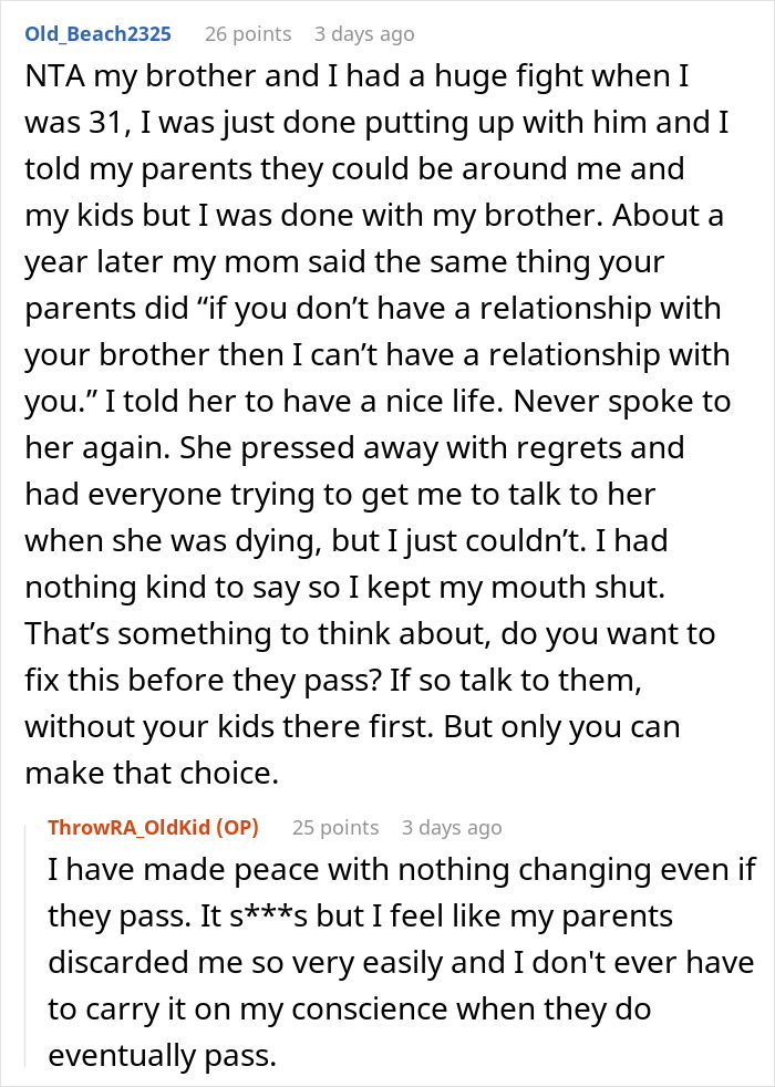 Reddit comment about family estrangement and making peace despite parents' demands Reddit comment about family estrangement and making peace despite parents' demands