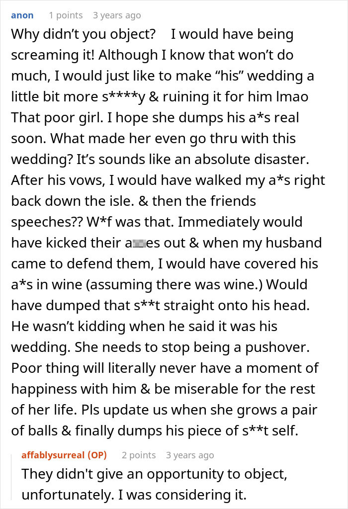 A comment section discussion about a groom making his wedding about himself and his friends.