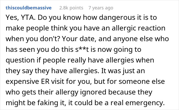 A social media comment explaining the dangers of lying about a food allergy at a restaurant, potentially leading to an emergency room visit.