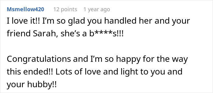 A comment congratulating the bride for handling her mother-in-law and friend Sarah at the son's wedding in white.