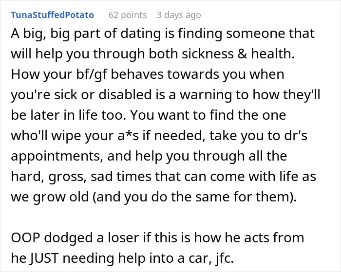 Comment about dating and how partners should support each other through sickness and disability Comment about dating and how partners should support each other through sickness and disability