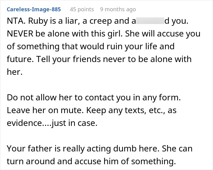 A screenshot of a Reddit comment advising the 17YO who ditched home due to harassment from her dad's GF's daughter.