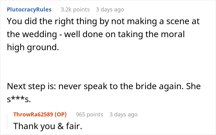 Comments praise MOH for taking moral high ground at wedding conflict