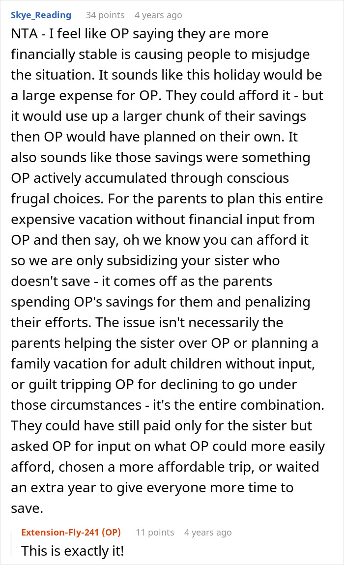 A Reddit comment from Skye_Reading explaining that parents sponsoring a sister's trip disrespects the other child's frugal life. A Reddit comment from Skye_Reading explaining that parents sponsoring a sister's trip disrespects the other child's frugal life.