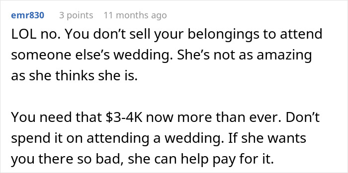 Comment against selling belongings to attend a wedding