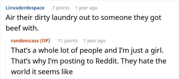 A screenshot showing a Reddit comment about a woman being told to leave home and airing dirty laundry.