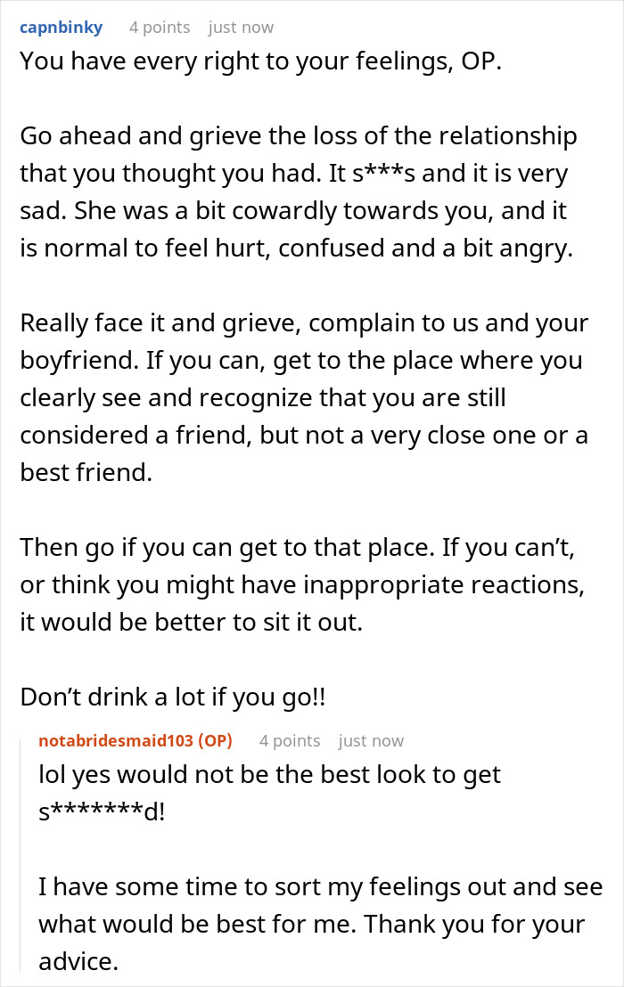 A screenshot of a Reddit comment advising the original poster to grieve the friendship after not being made a bridesmaid.