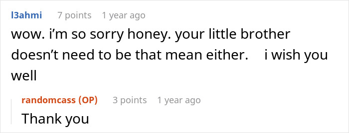 A Reddit comment expresses sympathy for a woman told to leave home and refusing to follow one rule.