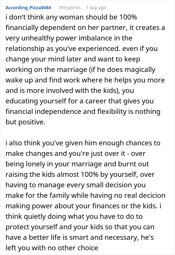 Advice on financial independence and managing power imbalance in marriage