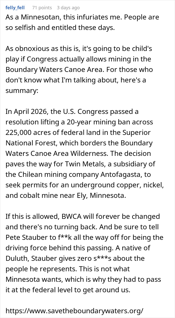 Detailed comment about Mining ban lifted near Boundary Waters Canoe Area Minnesota