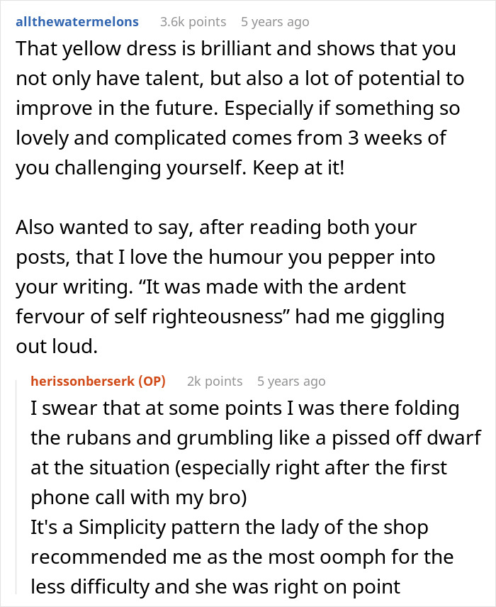 Comment praising yellow dress talent and potential improvement