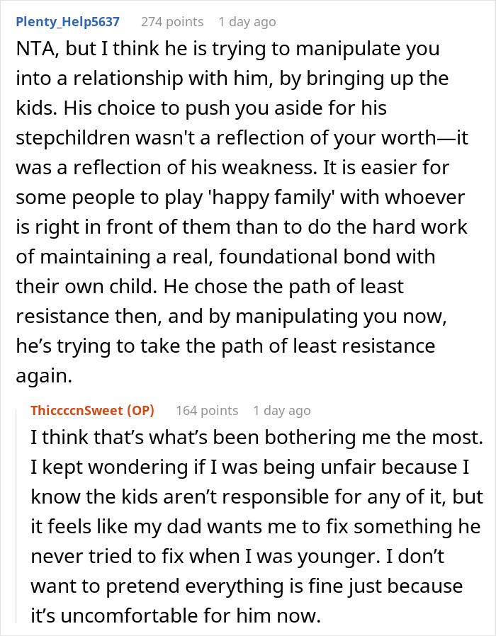 Another Reddit comment providing a harsh response to a father replacing his daughter with stepkids and demanding she act like family. Another Reddit comment providing a harsh response to a father replacing his daughter with stepkids and demanding she act like family.