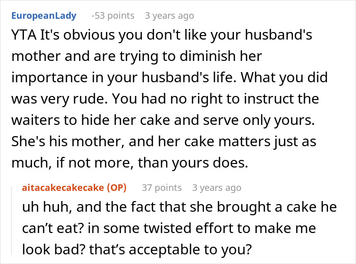Comment criticizing hiding MIL's cake at birthday