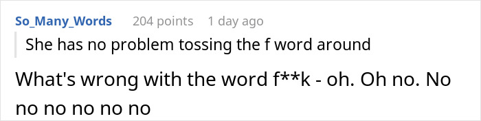 Comment discussing use of the word f**k in story about daughter's fiancé and prenup Comment discussing use of the word f**k in story about daughter's fiancé and prenup