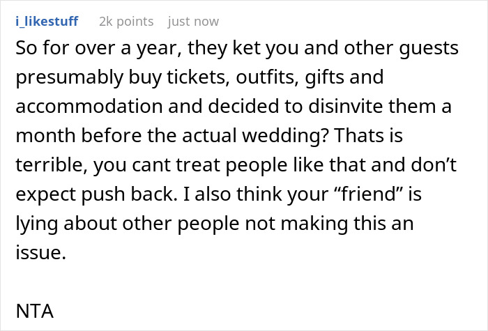 A screenshot of a Reddit comment discussing a groom disinviting a wife from a destination wedding. A screenshot of a Reddit comment discussing a groom disinviting a wife from a destination wedding.