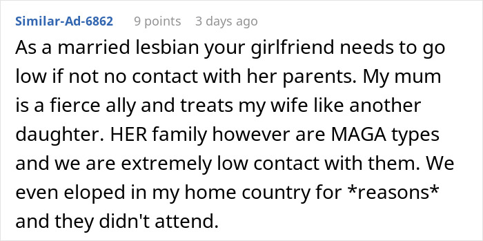 Married lesbian discusses low contact with homophobic girlfriend's parents