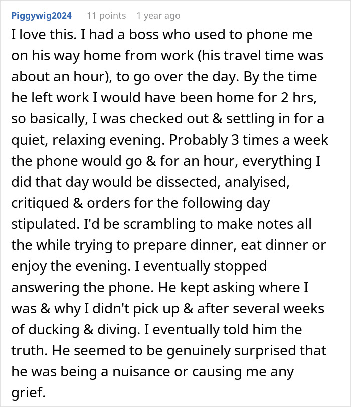 A screenshot of a comment about a boss calling after work, illustrating management's illegal shenanigans.