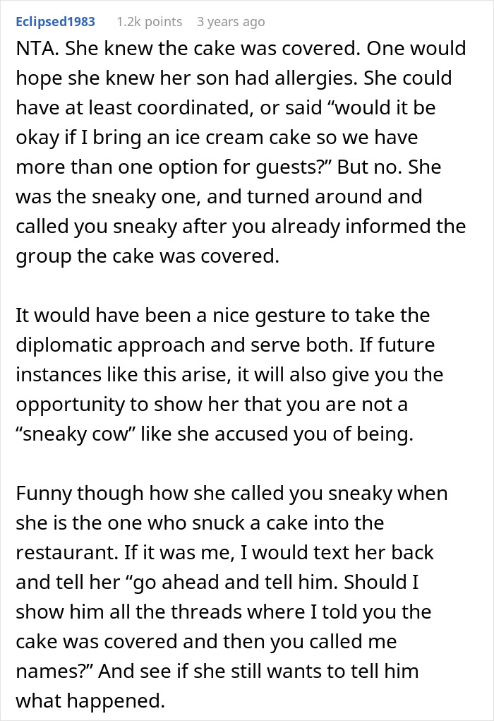 Detailed comment about MIL sneaking cake despite allergies at son's birthday