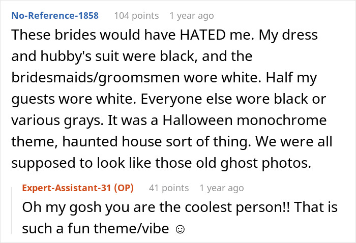 A screenshot showing comments about wedding attire mistakes where someone shares their Halloween monochrome wedding theme. A screenshot showing comments about wedding attire mistakes where someone shares their Halloween monochrome wedding theme.