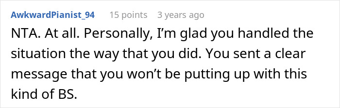 Text comment praising handling of MIL cake situation at son's birthday