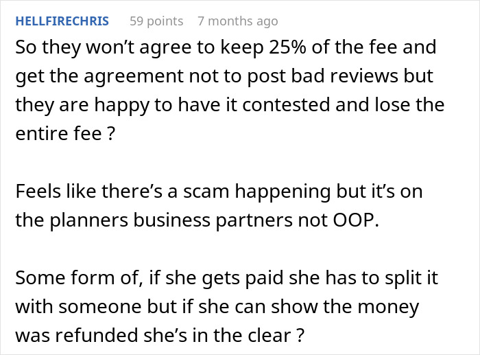 Wedding coordinator cancels event 24 hours before, causing controversy and dispute over fees and refunds