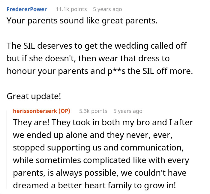 Comment praising great parents and wedding dress in family conflict